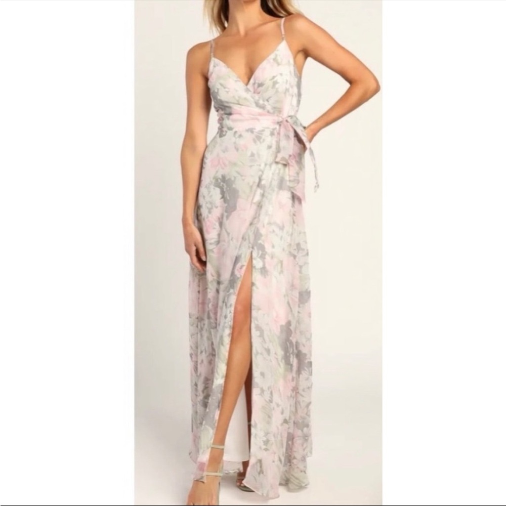 Lulus sweetly dreaming gray multi floral print faux-wrap Maxi dress